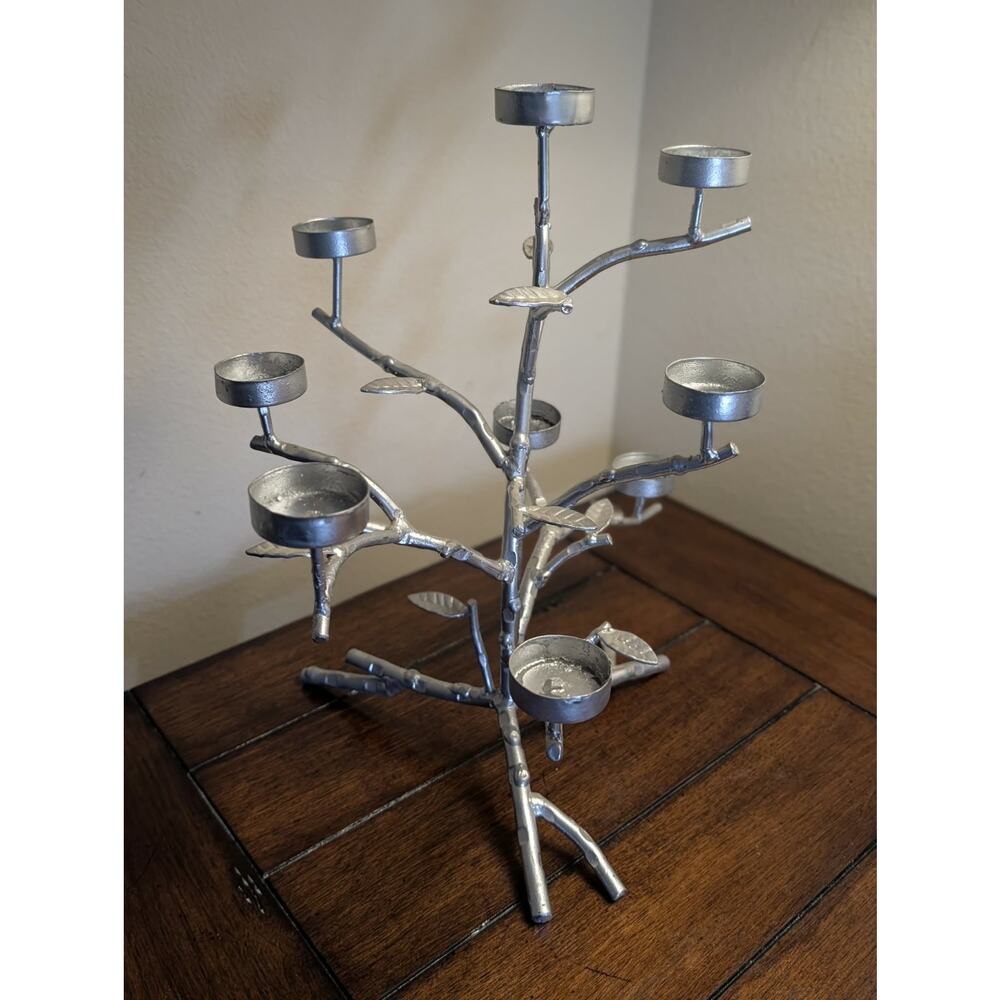 Large Silver Metal Tealight Tree Decorative Candle Holder Candelabra 14"